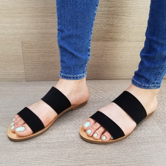 Shoes - Slip On 2 Strap Flat slider Sandal Black Velvet-C